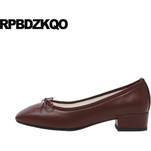 Size 33 4 34 2019 square toe chunky low heels black work shoes women leather thick bow nude kawaii japanese new wine red pumps