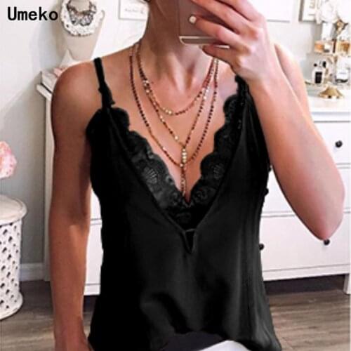 Umeko Summer Sexy Womens Sleeveless Lace Tank Top Sexy Spaghetti Strap Deep V-neck Vest Tops Basic Blusas Casual Camisole Shirt