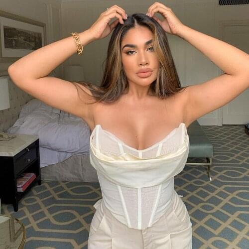 Imcute Strapless Sexy Boned Corset Crop Tops Women Club Party Backless White Mesh Sheer See Through Bustier Top Cropped Fashion