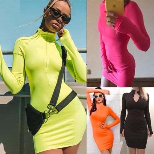 Women Long Sleeve High Neck Sexy Mini Dress Casual Solid Zipper Stretchy Dresses New Autumn Winter Neon Bodycon Club Party Dress