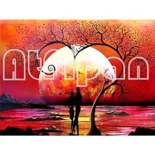 5D Full Drill Diamond Painting Sunset Art Rhinestone Tree Diamond Embroidery Landscape Couple Love Craft Kit Wall Art