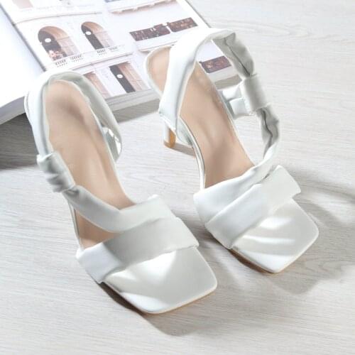 Nice Sexy Women High Heel Sandals Summer PU Square Head Peep Toe Fashion Hollow Slip On Thin Heels Slides Lady Party Shoes