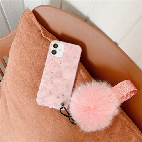 Botex Bling glitter marble hairball strap phone case for iPhone 12 Pro 11 Pro max case 12mini XS MAX 7 8 plus XR X Back cover