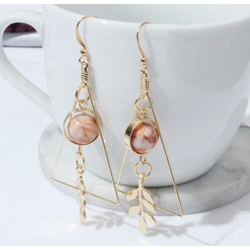 European and American Fashion Vintage Hollow Out Triangle Marble Round Beads Leaf Earrings For Woman Girls Jewelry
