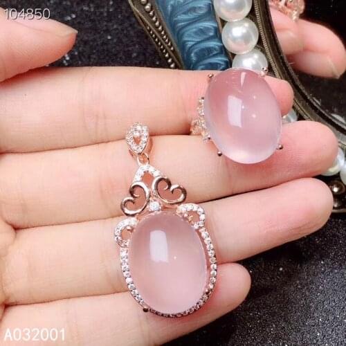 KJJEAXCMY fine jewelry natural Rose Quartz 925 sterling silver women gemstone pendant necklace ring set support test beautiful