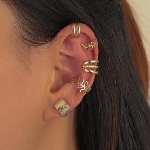 5pcs Fashion Gold Star Leaves Non-Piercing Ear Clip Earrings For Women Simple Fake Cartilage Ear Cuff Jewelry Clip Accessories