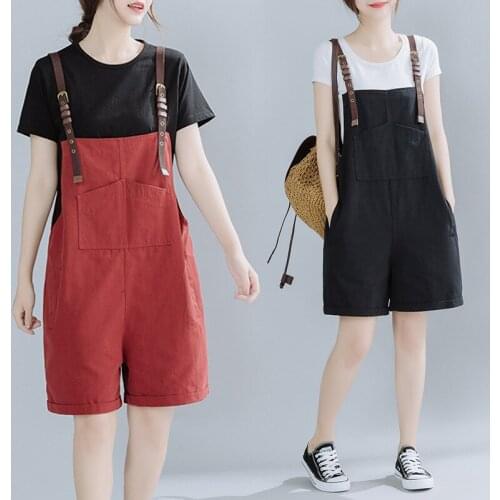 Summer Women Red Denim Playsuit Korean Style Loose Sleeveless Wide Leg Overalls Female Casual Suspenders Black Jumpsuit Short