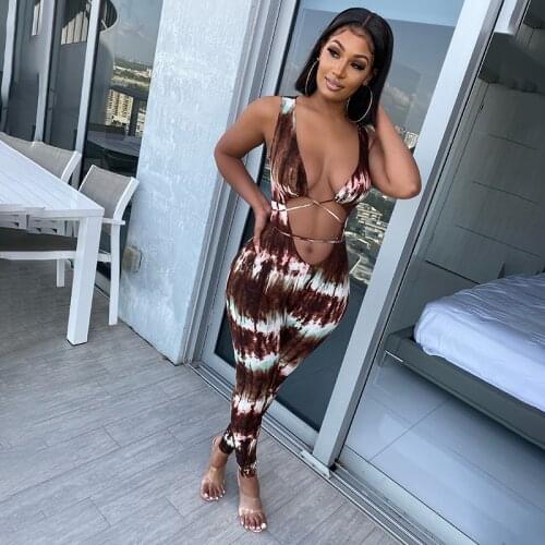 Womens Hollow Out Lace Up Bandage Midriff-baring Jumpsuit Chest Wrap Bodysuit Club Street Summer Beach Holiday Romper A20149J