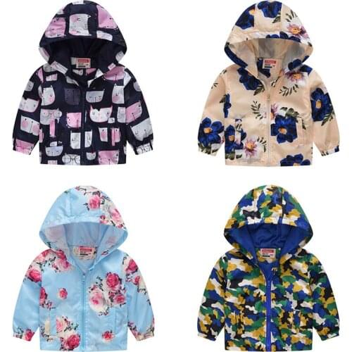 2021 Boys' And Girls' Jackets Spring Autumn Thin Hooded Outerwear Baby Cute Fashion Zipper Shirt Childrens Coat Flower Doodle