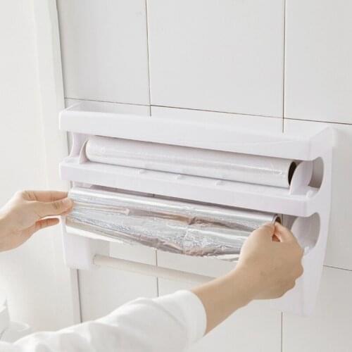 For Kitchen Multi-Function Roll Dispenser Cling Film Tin Foil Cutter Storage Holder Free Punched Towel Paper Rack