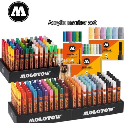 Molotow ONE4ALL Acrylic Paint Marker Set, 1mm/ 2mm/4mm/15mm, Assorted Colors, 6/10/12 color Marker Set,Art supplies