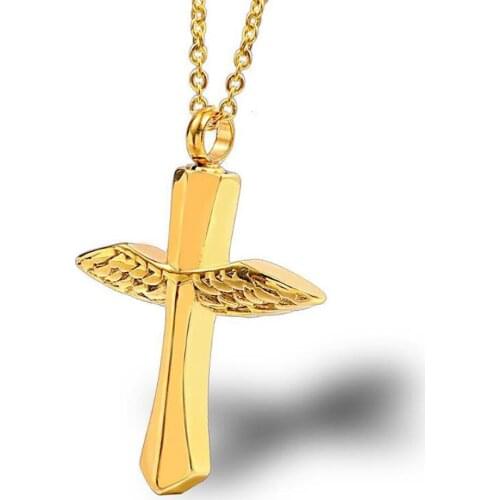 Stainless Steel Angel Cross Feather Wings Cremation Jewelry Women Ladies Human Cremation Urn Pendant Necklace Gift For Him