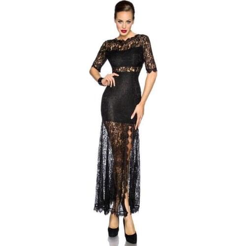 New Vintage Elegant Women Maxi Dress Half Sleeve Back Deep-V Long Black Lace Dress Vestidos