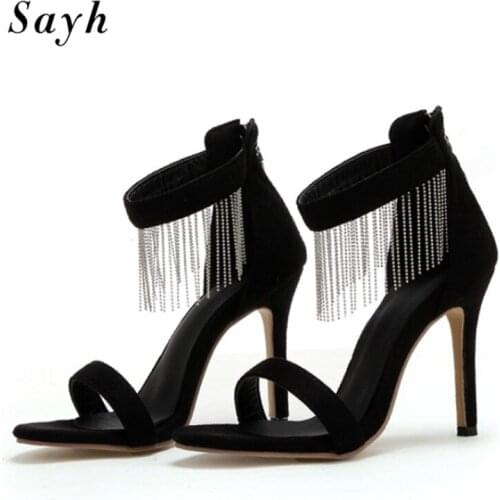 New Fashion Women Fringe Tassel Rhinestones Pumps Sexy Stripper Runway Peep Toe Shoes Summer Cross Strap Stiletto Sandals