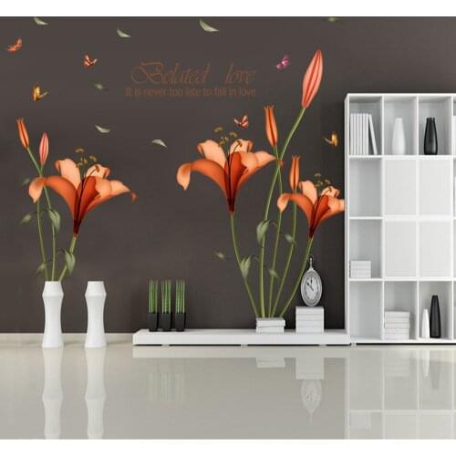 New Orange Flowers Wall Stickers for Kids Bedroom Living Room Background Decorative Self-adhesive Removable PVC Wall Sticker