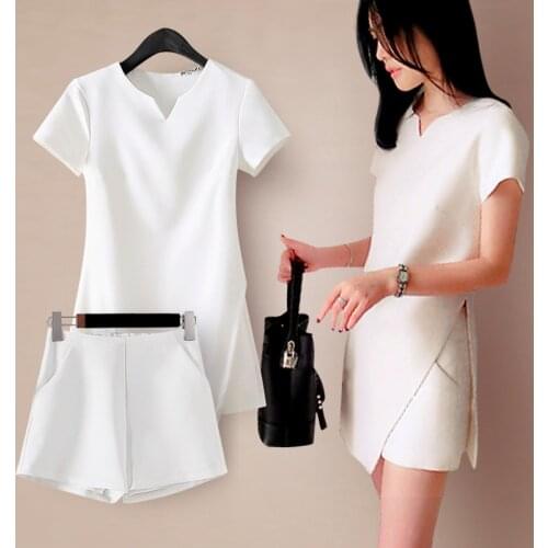 New Womens Fashion White Black Suit Split Shirt and Shorts Summer Casual Ladies Office Workt Two-piece Suit Set