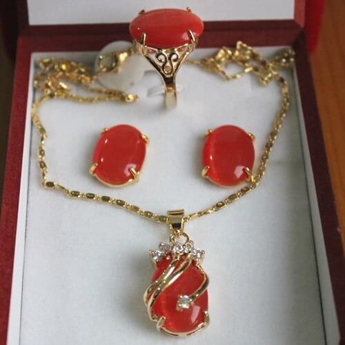 Wholesale 13*18mm fine gem orange red opal ring, earring &pendant fashion jewelry set