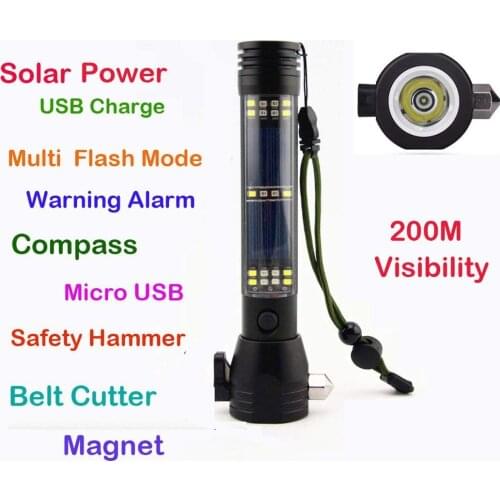 SAMDO USB Rechargeable Flashlight Solar Power Led Torch,Warning Alarm, Attack Hammer, Cutter Knife, Compass W/ Magnet