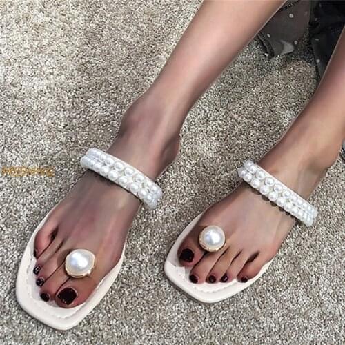 Womens Sandals 2020 Summer Hot Sale Women Pearl Sandals Female Sandals Fashion Women Solid Flat Heels Shoes