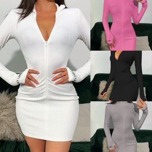 Sexy Zipper V Neck Dress Women Casual Embroidery Lucky Label Long Sleeve Knit Rib Bodycon Women Dress dresses for women