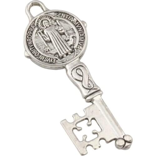 Saint Benedict Exorcism Zinc Alloy Metal Catholic Cross Key Charm 20pcs 19.5x52mm Pendants Handmade DIY Jewelry
