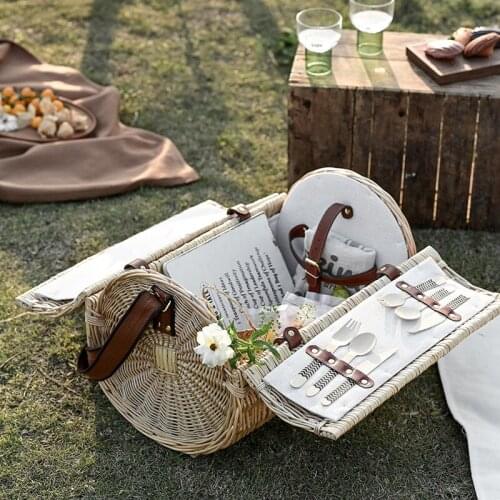 Outdoor Picnic Rattan Basket Food Storage Box With Cover Camping Outing Travel Portable Storage Basket Weaving Household Boxes
