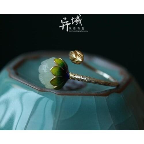 [Xia Lian.].] 925 Sterling Silver Burnt Blue Ornament Handmade Inlaid Hetian Jade Lotus Retro Womens Ring Ring