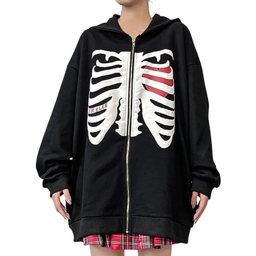 Women Zip Up Hoodie Oversized Skull Printed Long Sleeve Hooded Sweatshirts Autumn Korean O Collared Pullover Street Sudaderas