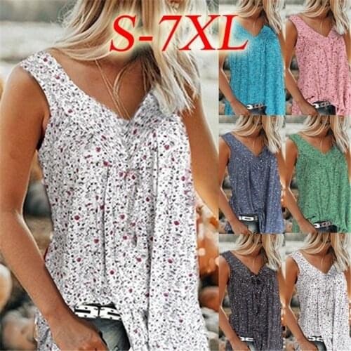 Big Size Women Summer T shirts Casual Sleeveless Tops Tees Sexy Floral Print T-Shirt V-neck Loose Vests Plus Size 5XL 7XL Shirts