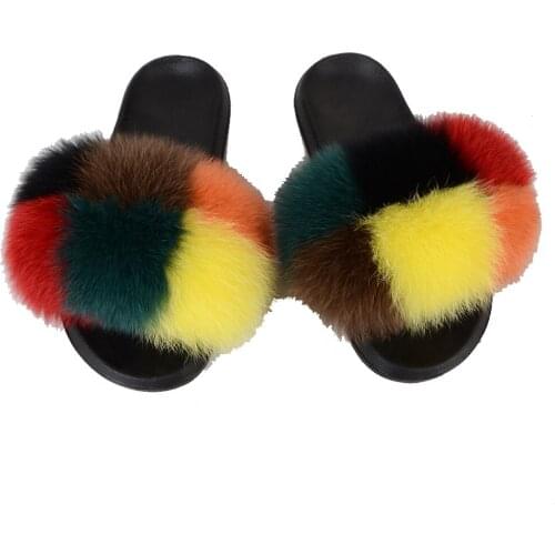 Women Summer Fox Fur Fluffy Slippers Flat Non-Slip Solid Real Fox Furry Slides Shoes Fur Sandals Free Shipping