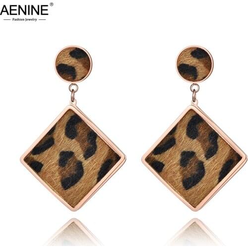 AENINE Bohemia Stainless Steel Jewelry Leopard Print Horse Hair Pasted Rose Gold Square Shape Stud Earrings For Women AE18462