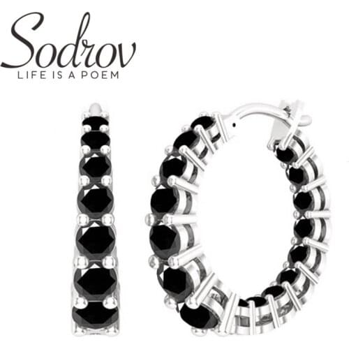SODROV 2021 New Genuine 925 Sterling Silver Earrings Hoop Earrings for Women Black Spinel Silver 925 Jewelry I186