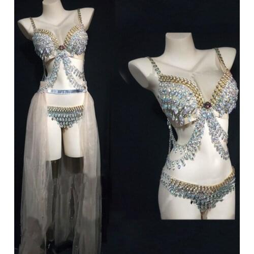 Female Full Rhinestone Bikini Heavy Industry Bra Trailing Set Gogo Costumes Ds Dj Stage Costumes Rave Pole Dance Clothing XS2200