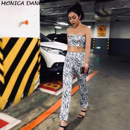 Women Sexy Jumpsuit Dollars 3D Printing Bra+Pants Bodysuit Nightclub Party Stage Wear Performance for Singer Dancer Costumes