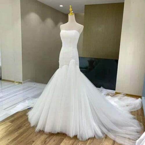 Women Long Mermaid Strapless Wedding Dresses Vintage Robe De Soiree Corset Back Sweep Train Pleated Formal Bridal Gowns