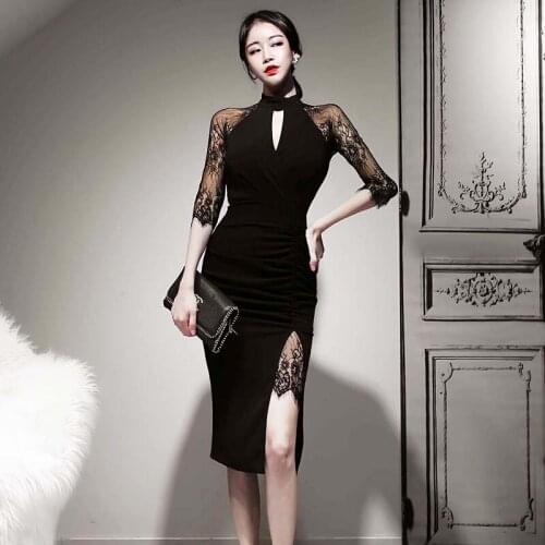 Black Women Mini Splicing Lace Solid Autumn Half High Collar Lace Stitched Dress Womens Sexy Split fork Dress 952E
