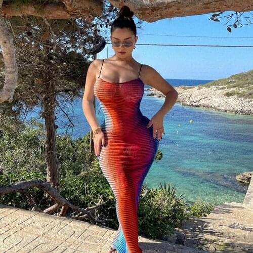 Thorn Tree Sexy Colorful Striped Bodycon Dress Women Summer 2021 Beach Outfits Spaghetti Strap Long Maxi Dress Vestidos Female