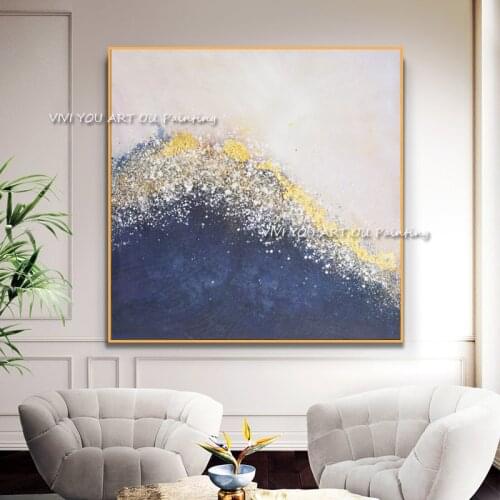 100% Handmade Artwork Abstract Blue Gold Foil Oil Painting High Quality White and Golden Abstract Hand-painted Painting Gift