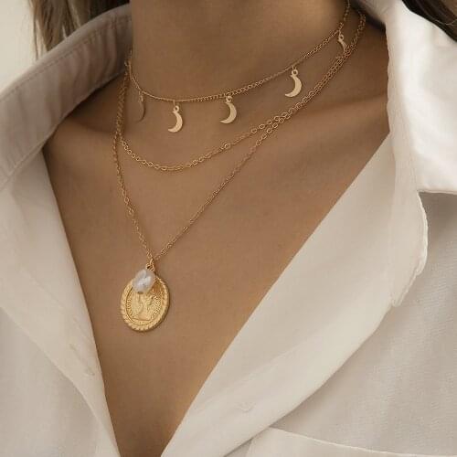 2021 Temperament Geometric Imitation Pearl Round Brand Necklace European and American Simple Multi-star and Moon Tassel Necklace