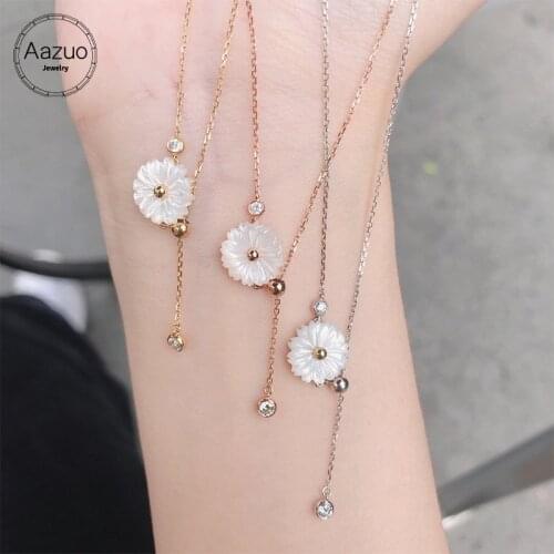 Aazuo 18K White Gold Rose Gold Real Diamonds Natrual MOP Flower Drop Chain Necklace Gift For Women Engagement Party Au750