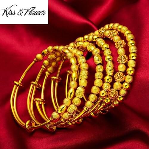 KISS&FLOWER BR182 Fine Jewelry Wholesale Fashion Woman Birthday Wedding Gift Lucky Beads 24KT Gold Resizable Bracelet Bangle