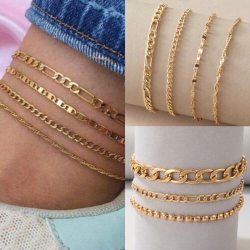 Tocona 4pcs/sets Gold Color Foot Chain for Women Men Chaming Alloy Metal Anklets Handmade Adjustbale Summer Jewelry 9509