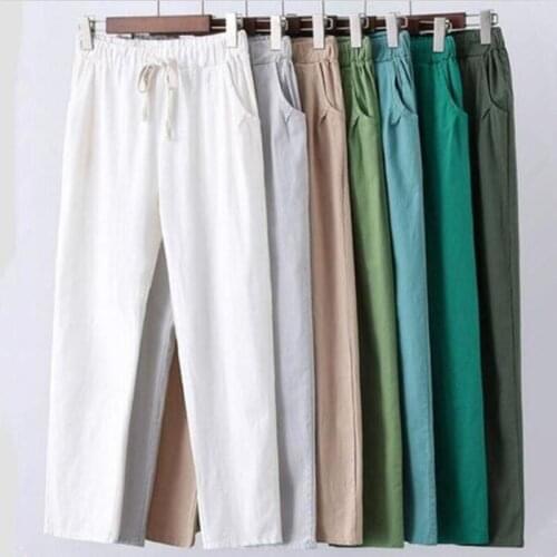 Cotton Linen Ankle Length Pants Womens Spring Summer Casual Pencil Trousers plus size M- 6XL 7XL Womens Trousers