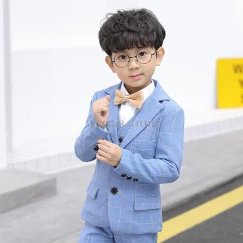 Kids Jacket Vest Pants Bowtie 4Pcs Party Dress Flower Boys Plaid Wedding Suit Children Piano Show Performance Dance Costume