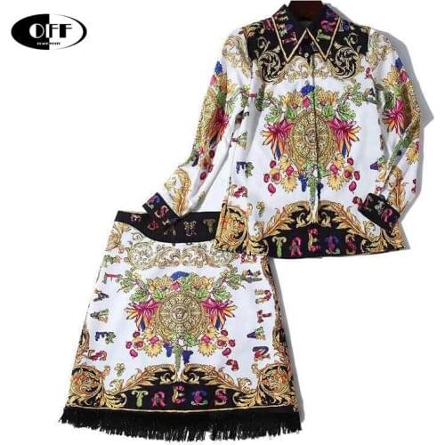 Designer Runway Vintage Printed two piece set suits outfits fashion chic long sleeve shirts tops and tassel retro mini skirts ZA