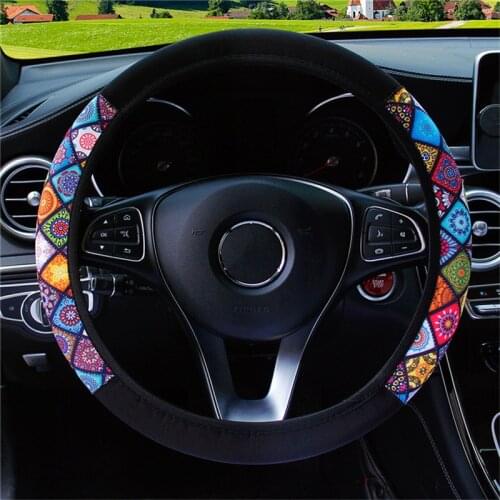 38cm Elastic Car Steering Wheel Cover Ethnic Style Print Anti-slip Car Styling Car Steering-wheel Cover Car Interior Accessories