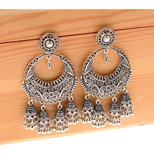 Ethnic Womens Silver Color Round Flower Hollow Jhumka Stud Earrings Boho Indian Jewelry Egypt Carved Tassel Earrings Femme