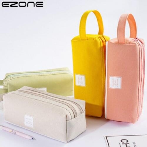 EZONE Creative Simple and Fresh Large Capacity Pen Bag Double Deck Canvas Multifunctional Solid Color Student Pencil Case