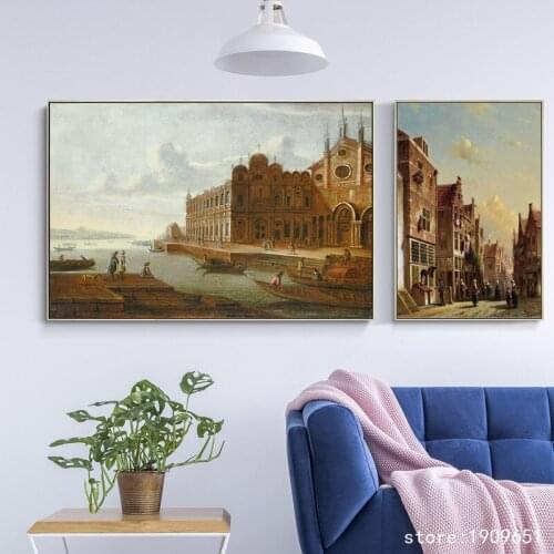 Cotton no frame classical boat water city landscape canvas printings oil painting printed on cotton wall art decoration picture
