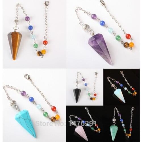 35X17MM Stone Aventurine Opal Onyx Tiger Eye Quartz Cone Chain Dowsing Healing Chakra Pendulum With Chain 1PCS